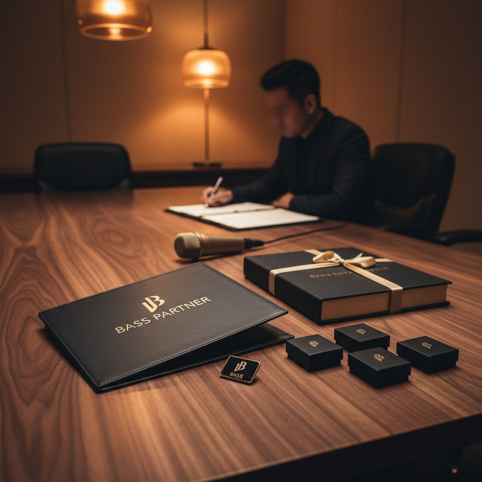 Mesa de reunião BASS PARTNER com pasta de couro embossed, microfone, caixas com emblema BASS e pin PARTNER sob luz quente