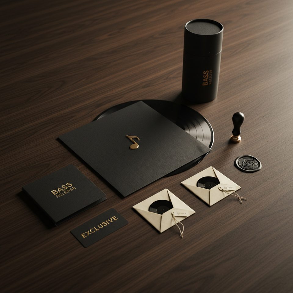 Flat lay premium de release BASS com vinil, sleeve com nota musical dourada, folder BASS RELEASE, cartão EXCLUSIVE e tubo BASS sobre walnut