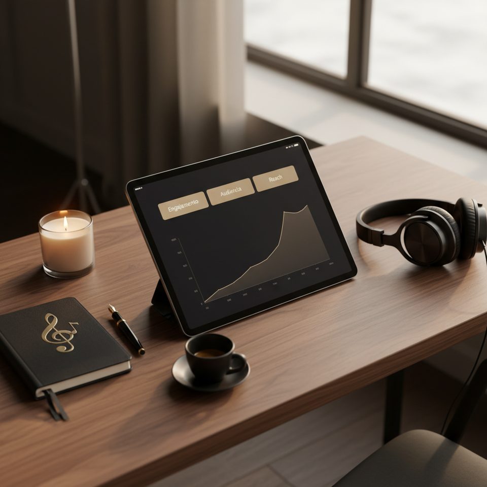 Tablet com dashboard musical em walnut, caderno BASS com clave de sol dourada, headphones premium e luz de janela quente