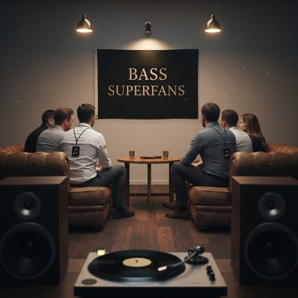 Listening session privada BASS SUPERFANS com grupo de costas em sofás de couro, altifalantes vintage e gira-discos sob luz champagne