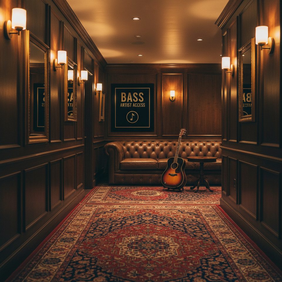 Corredor de bastidores premium em madeira escura com sinal BASS ARTIST ACCESS, sofá chesterfield e guitarra acústica iluminados por luz quente