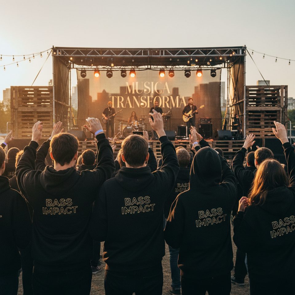 Multidão de costas com hoodies BASS IMPACT a assistir banda ao vivo em palco outdoor ao pôr-do-sol com banner MÚSICA TRANSFORMA