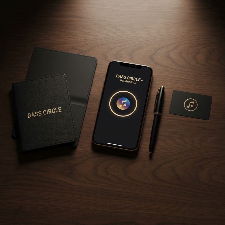 Passport BASS CIRCLE em couro preto com gold emboss, smartphone com app BASS CIRCLE MEMBER GOLD e cartão music note sobre superfície walnut