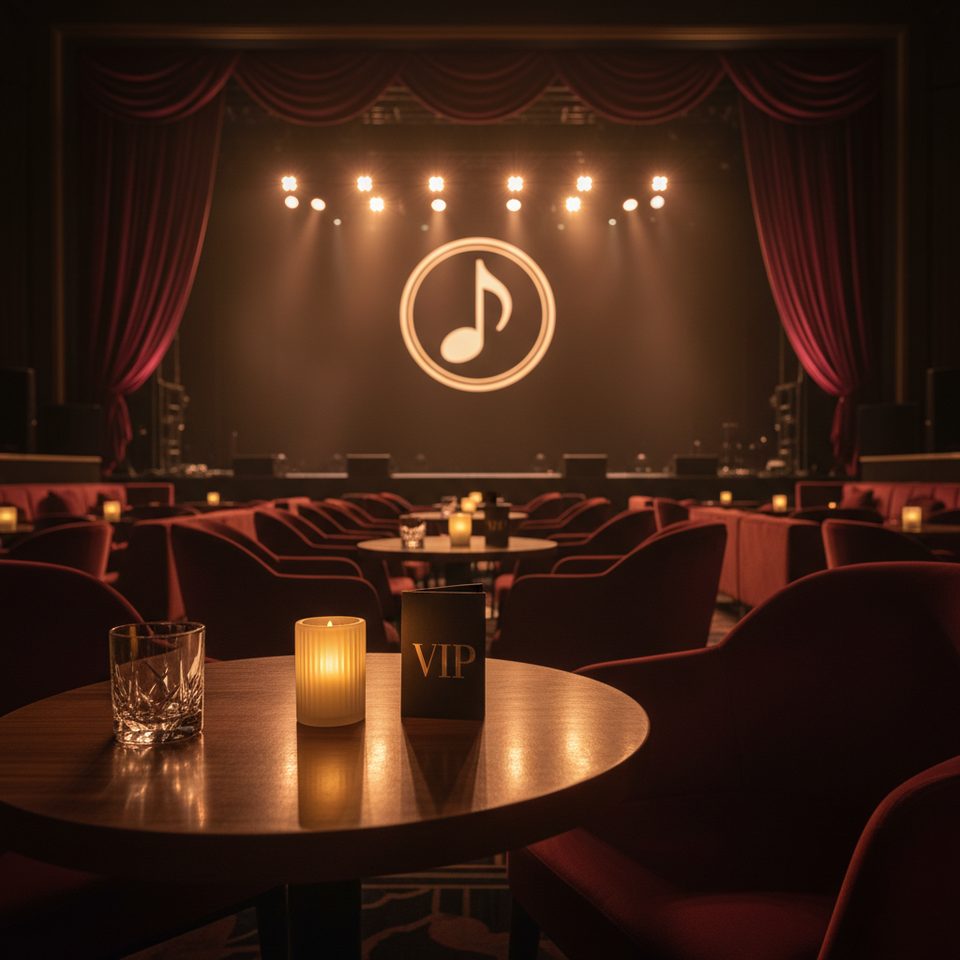 Lounge VIP vazio com mesa, vela e cartão VIP em dourado, palco ao fundo com emblema BASS music note grande iluminado por spots âmbar