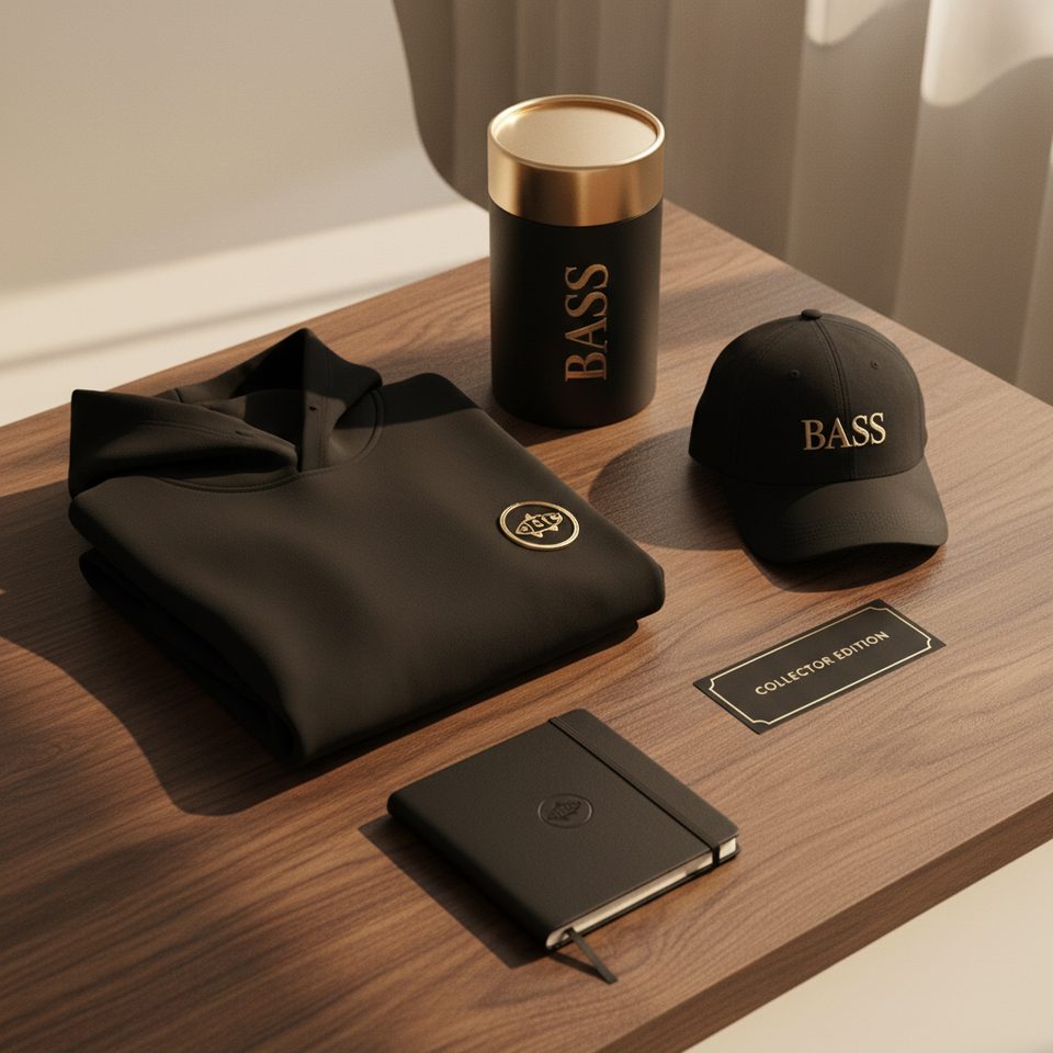 Flat lay premium em walnut com hoodie e boné BASS, tubo BASS, caderno com emblema e cartão COLLECTOR EDITION em dourado champagne
