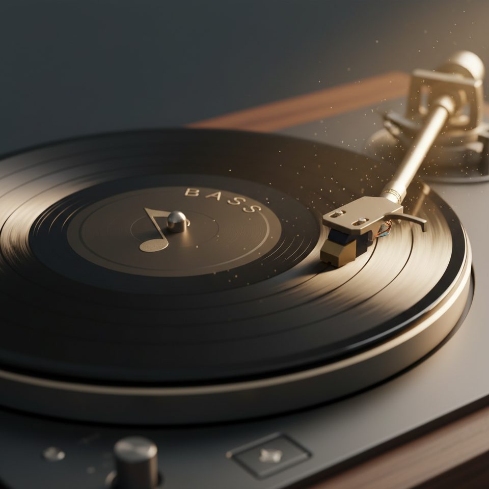 Macro de vinil preto com label BASS gold e nota musical central, agulha de gira-discos premium captando luz champagne
