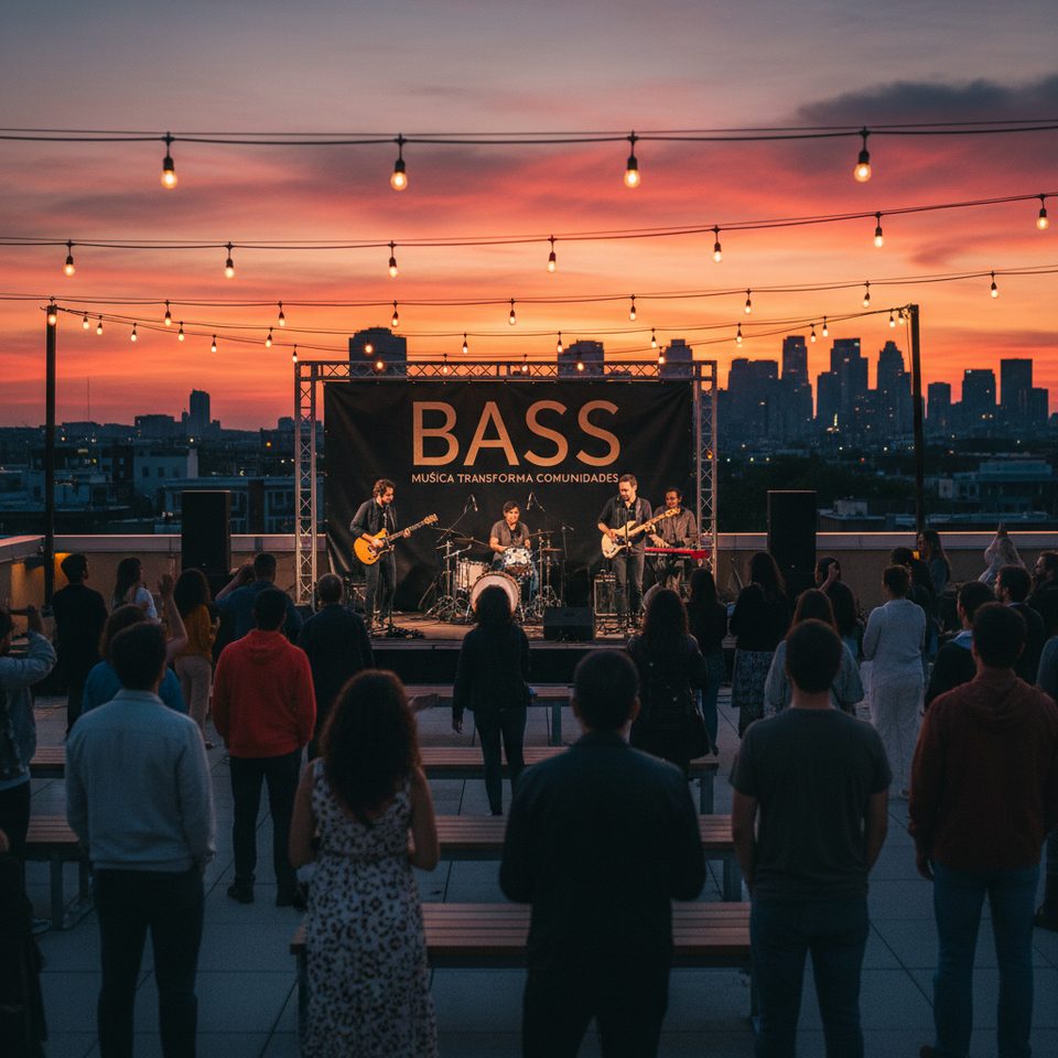 Show ao ar livre no pôr do sol com banner BASS MÚSICA TRANSFORMA COMUNIDADES, banda ao vivo, luzes suspensas e plateia de costas com a cidade ao fundo