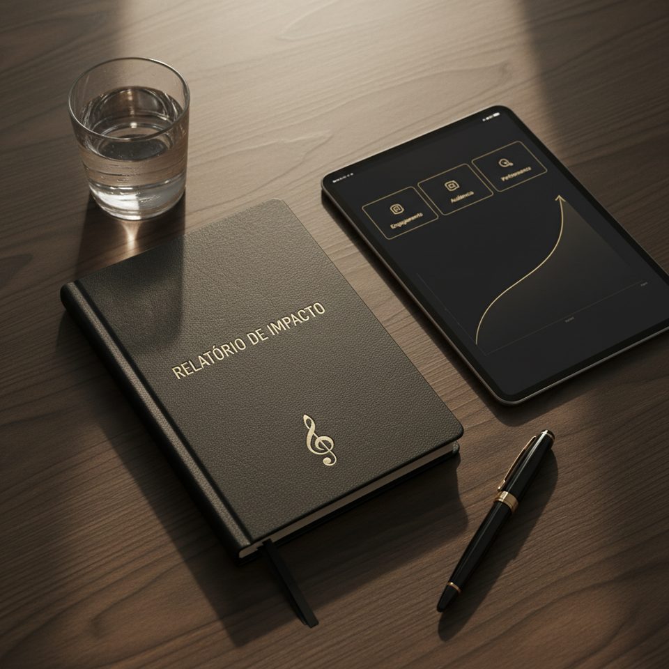 Caderno de couro preto com a inscrição RELATÓRIO DE IMPACTO e emblema musical dourado, ao lado de um tablet com painel escuro de métricas sobre madeira