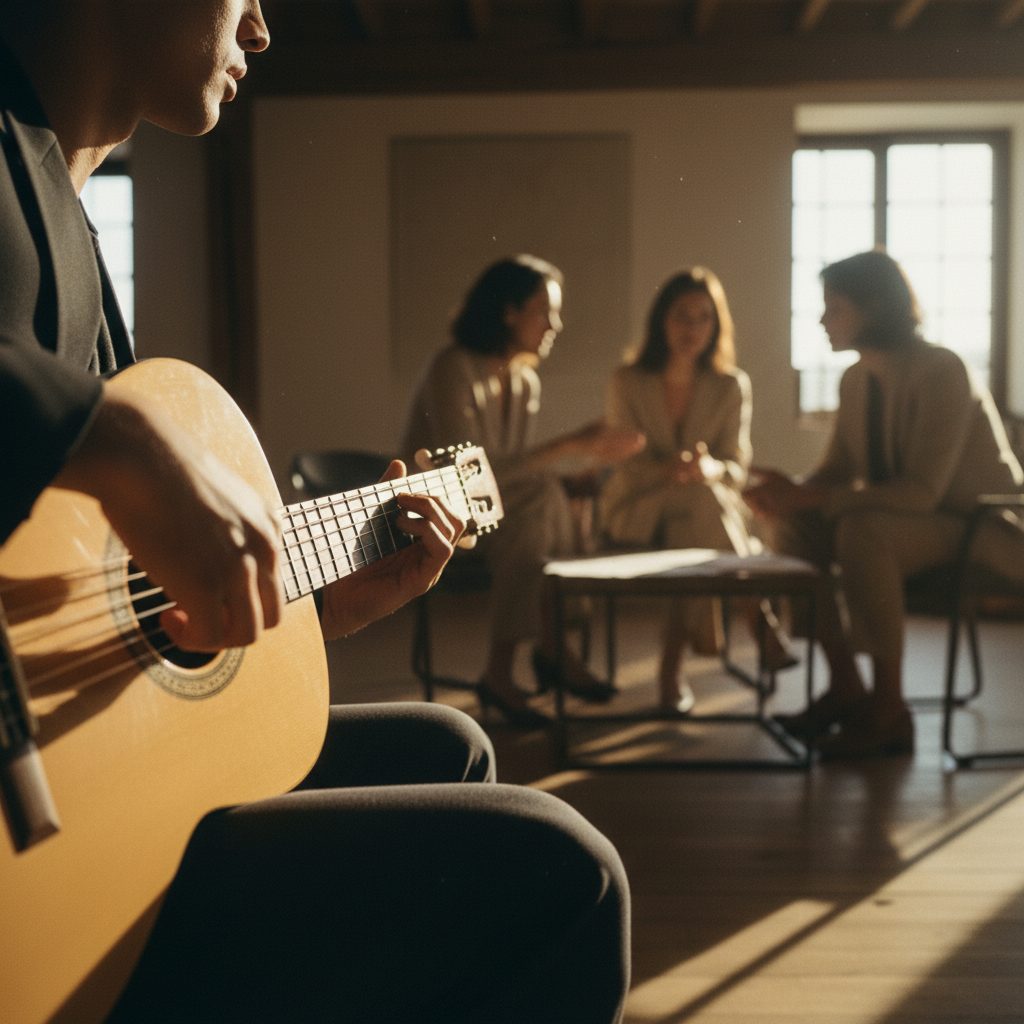 Momento íntimo de comunidade musical: mãos numa guitarra acústica e um pequeno grupo em luz quente